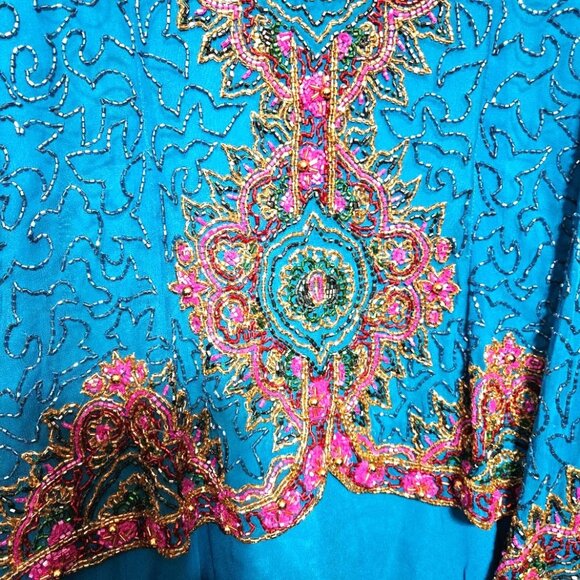 Adrianne Papell Turquoise Silk Pink & Gold Lavishly Beaded VTG 90s Evening Dress - Picture 5 of 12